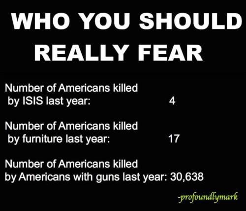 Graphic:  Number of Americans killed by ISIS last year:  4.  Number of Americans killed by furniture last year:  17.  Number of Americans killed by Americans with guns last year:  30,6380