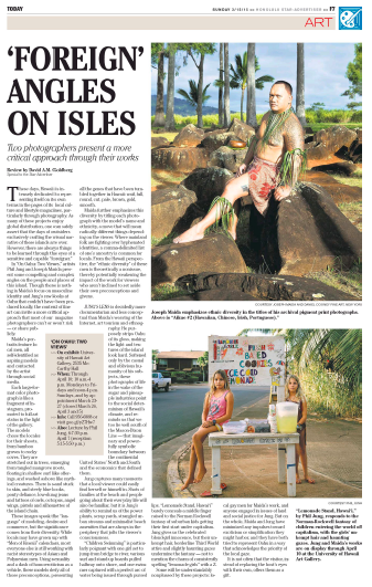 Honolulu Star-Advertiser reviews JOSEPH MAIDA's New Natives in On O'ahu: Two Views at the Art Gallery at the University of Hawaii, Mānoa, though April 10, 2015.'Foreign' Angles On IslesTwo photographers present a more critical approach through their worksBy David A.M. Goldberg / Special to the Star-Advertiser Mar 15, 2015These days, Hawaii is intensely dedicated to representing itself on its own terms in the pages of its local culture and lifestyle magazines, particularly through photography. As many of these projects enjoy global distribution, one can safely assert that the days of outsiders exclusively crafting the visual narrative of these islands are over. However, there are always things to be learned through the eyes of a sensitive and capable “foreigner.”In “On Oahu: Two Views,” artists Phil Jung and Joseph Maida present some compelling and complex angles on the people and places of this island. Though there is nothing in Maida’s focus on masculine identity and Jung’s raw looks at Oahu that couldn’t have been produced locally, the context of fine art can invite a more critical approach that most of our magazine photographers can’t or won’t risk 