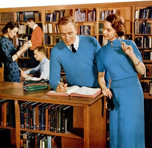 Reading and writing in the library wearing smart knit styles from Kharafleece Sweaters, 1956.
That wonderful top-to-toe look. Heavenly sweaters and skirts in Jantzen-exclusive Kharafleece: purest virgin worsted wool, nylon and miracle vicara… cashmere soft…washable… practically wrinkleproof.