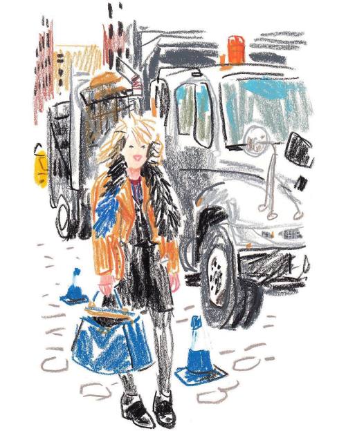 It&rsquo;s #nyfw again! See one of my drawings every day on @tmagazine&rsquo;s Instagram account. Here is @lisadengler perfectly matching her surroundings on w.14th after the @creaturesofcomfort show (with crazy wind giving her 1993 Kim Bassinger hair). (at West 14th Street)