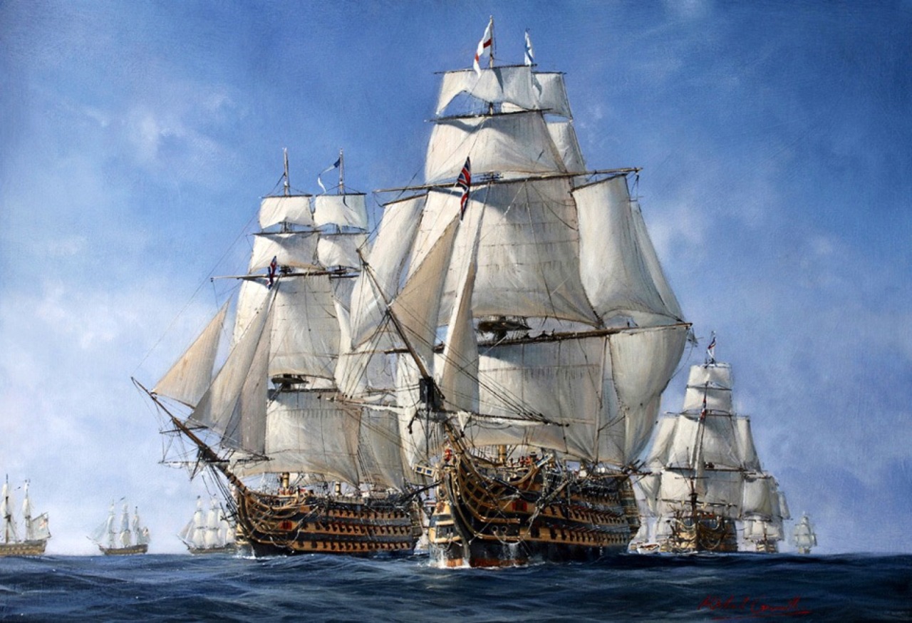 Nelson and his fleet. HMS Victory sails into the Battle of Trafalgar: 21st October 1805