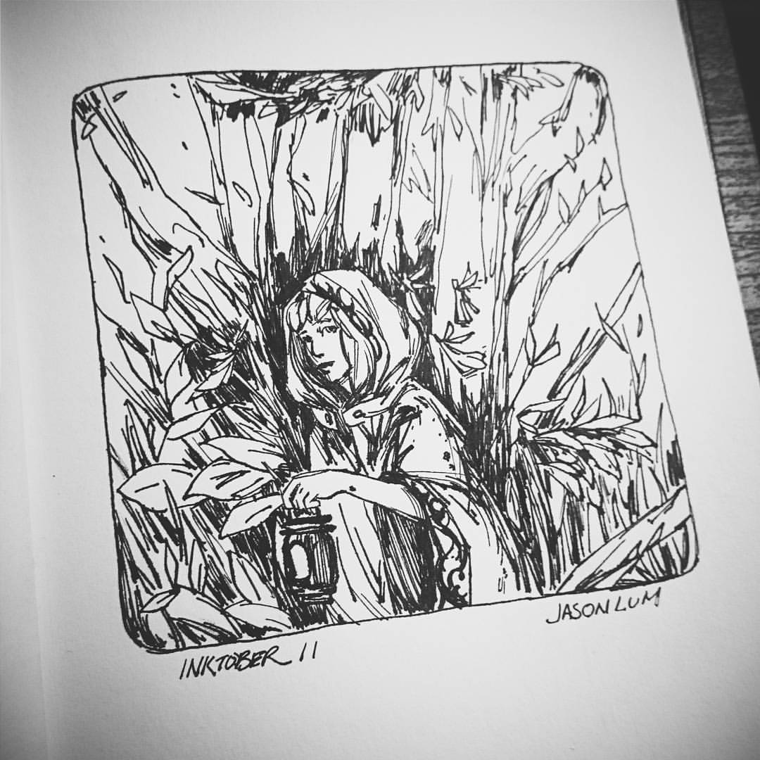 #inktober day 11. Little black and white riding hood?  #art #artistsoninstagram #drawing #ink #pen #forest #plants #trees #blackandwhite #little #red #riding #hood