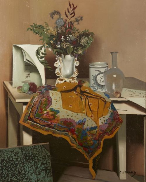 thunderstruck9:

Claude Venard (French, 1913-1999), Composition au foulard et au bouquet [Composition with scarf and bouquet]. Oil on canvas, 100 x 81 cm.