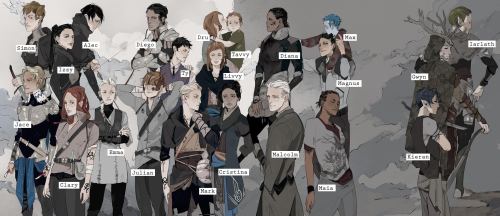 I thought you guys might like to see the jacket interior illustration Cassandra Jean did for the Costco version of Lady Midnight, with each character labeled. I don’t own a copy myself but I’ve seen it and it’s very pretty! These are the TMI and TDA characters, portrayed together — not every one of the TMI character appears in Lady Midnight, but they do appear through the series. And there’s one TDA character that is left out, because, spoilers :) 