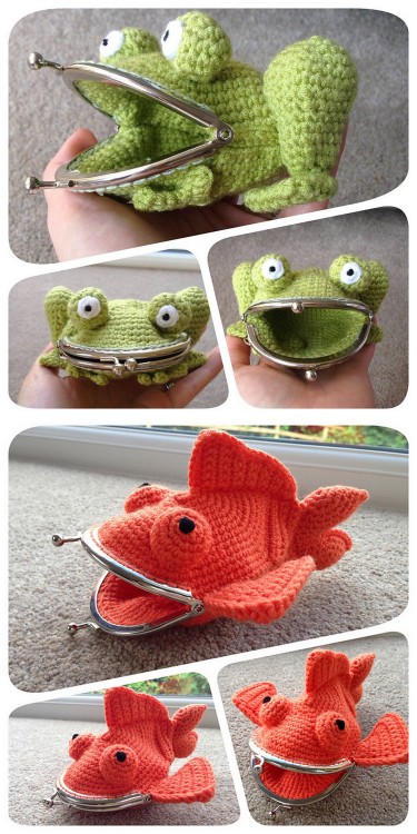 DIY Crochet Frog and Goldfish Large Coin Purses’ Pattern from Laura Sutcliffe on Ravelry. $3.52 per pattern and Ravelry is a signup site with lots of free and pay patterns. First seen on inspiration & realisation’s FB page. Friendly Note to Make/craftzine: When you credit a blog on Tumblr, credit the original poster and not the reblogger (I credit your blog if I saw a DIY there first). It’s really easy to find the original Tumblr poster.
Frog Purse Pattern
Goldfish Purse Pattern.
For more unique crochet DIYs go here: truebluemeandyou.tumblr.com/tagged/crochet and for 9 Kinit and Crochet Baby Animal Free Patterns from Ravelry go here.
