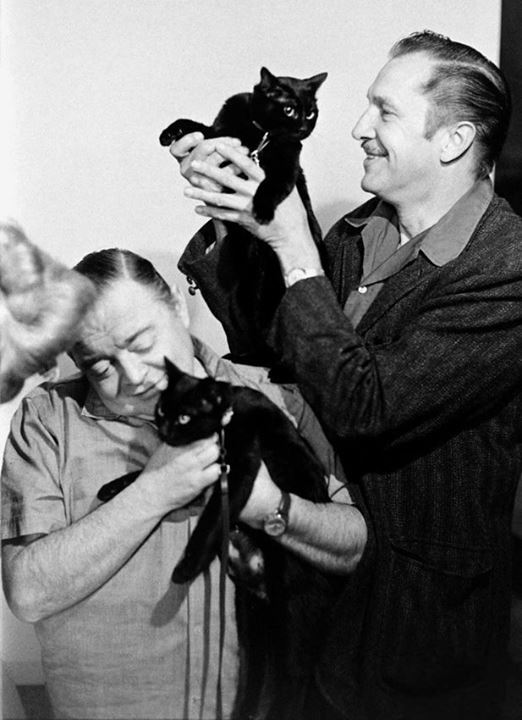 indypendent-thinking:

Vincent Price and Peter Lorre assist with auditioning a pair of black cats for TALES OF TERROR (1962).
