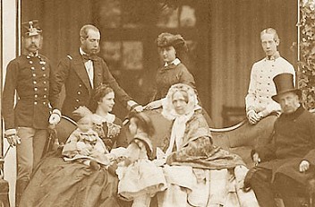 The only photo of Sissi with her family -in -lawFrom left: Emperor Franz-Josef,his brother Maximilian,Empress Elisabeth(Sissi) with her children Rudolf and Gisela,Archduchess Sophie her mother-in-law , behind her Princess Charlotte (wife of Maximilian),Archduke Louis-Viktor and with the hat Franz-Karl, Sissi&rsquo;s father-in-law.  