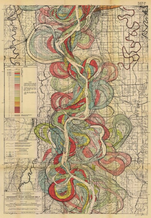 interesting-maps:

Map of the ancient courses of the Mississippi River Valley prepared by Harold Fisk of LSU, 1944.
