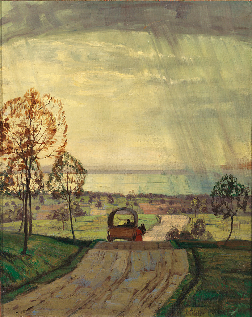 lawrenceleemagnuson:Hans Dieter (Germany !881-1968)Autumn Day on Lake Constance, Wagon and Storm (n.d.)oil on carton  63 x 51 cm