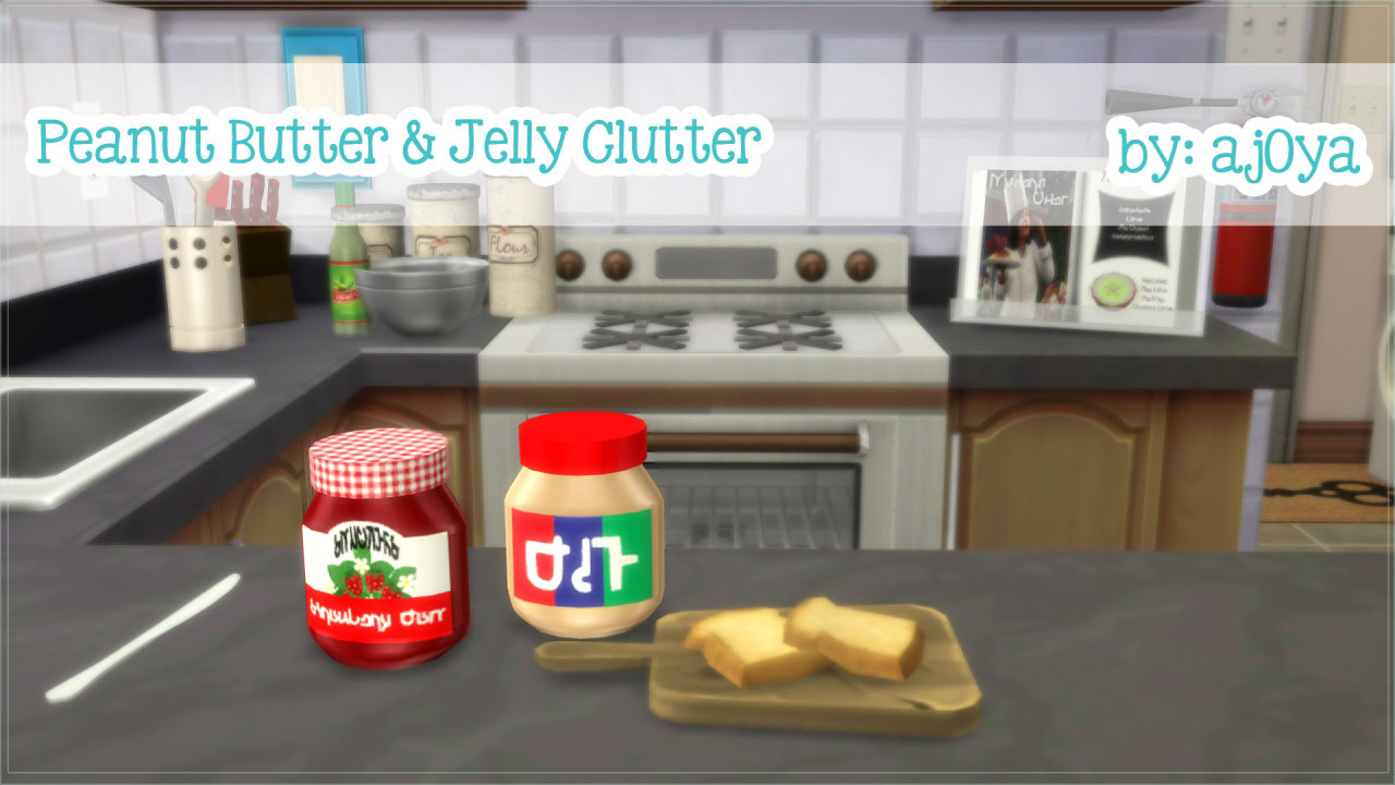 Peanut Butter &amp; Jelly ClutterDetails: Decorations | Clutter Environment: 1§5Design:Red Smuckers Jelly Jar with Plaid TopTan Jif Jar with Red TopCredit:Tool: Sims 4 Studio (LOVE)Mesh by: PilarFont by: AjaysimsTOU:Please do not re-upload.Please do not claim as your own.Download (Orangedox)*Objects combined in one package.*Somewhere along the lines of becoming ill, I reached +400 followers. Thank you for not forgetting about me and sending me well wishes. Love you all.