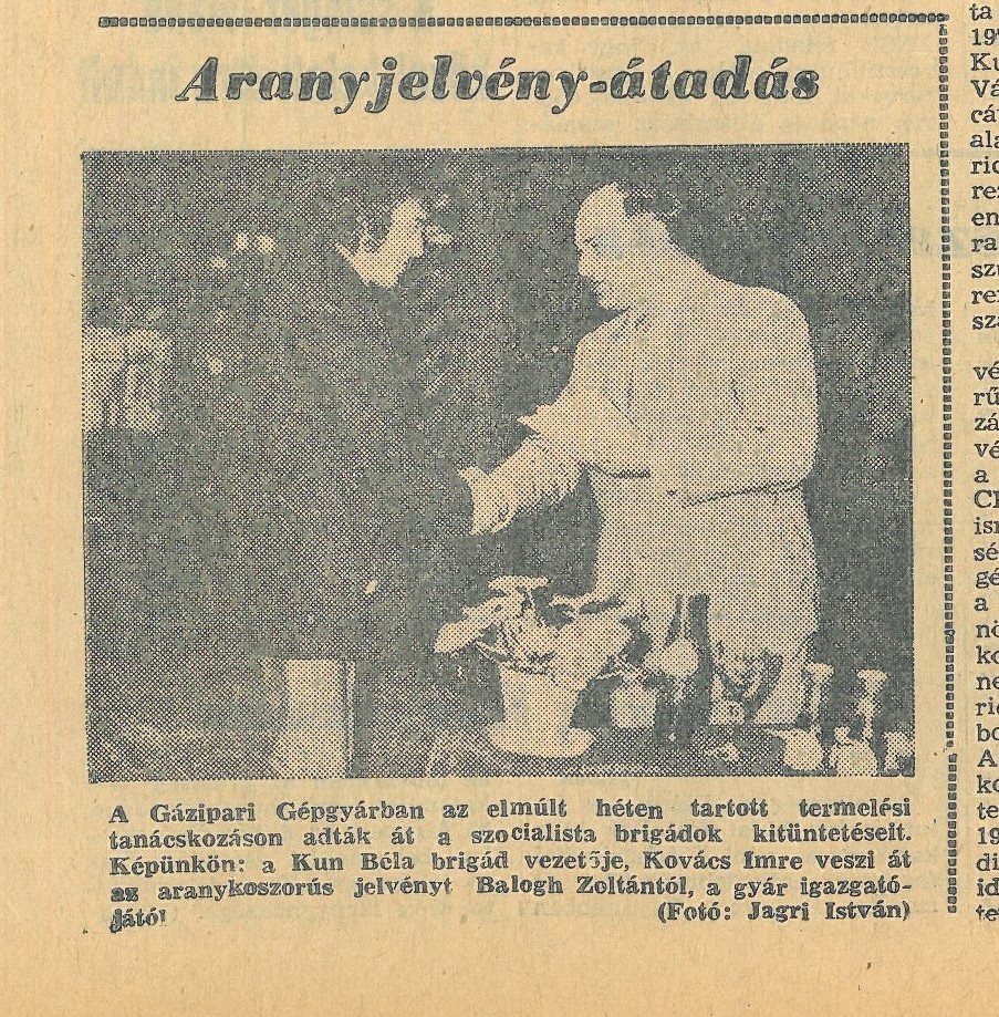 Aranyjelvény a brigádnak.Orosházi Hírlap, 1975. március 6.