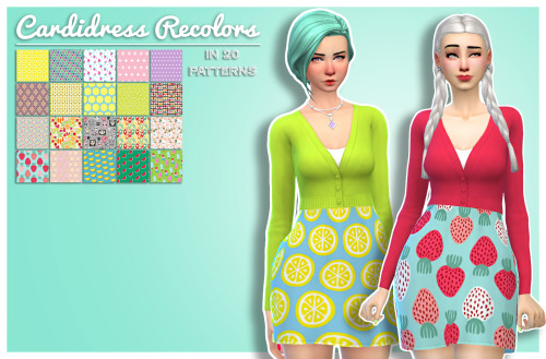 CARDIDRESS RECOLORSI really love this dress by @pasimmerday so I decided to recolor it in 20 different patterns.  There does seem to be a weird issue with the dress where the top half of the mesh disappears when worn with boots.  It happens with the original as well, and I’ve no idea how to fix the issue.  It can be worn with any other shoe besides boots though.  I hope you enjoy!Download the mesh HERE.Found under Outfits CategoryStandalone with custom thumbnailCREDITS: @pasimmerday, @holosprite and her Summer Citrus Patterns, Sims4Studio, PhotoshopDOWNLOAD