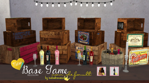 ——————————— NON DEFAULT ————————————
- Notes -
Custom Thumbnails.
Clutter &amp; Misc.
5 wine bottles: Malbec, Shiraz, Chardonnay, moscato &amp; red moscato.
5 retextured crates. (the one not shown has 3 different wood colors with no labels)
You can search my items by typing inabadromance in the item’s search bar.
.

- Important - 
The wine bottles can only be place on surfaces with the following cheat:
ctrl + shift c / bb.moveobjects (Select the item, move up with 9, down with 0)
.

.

.
Choose your Download: Mediafire (adf.ly)
Follow my TOU please.
Merged Collection available.
More Non-default, overrides.
.

.
- More notes - 
Wood Floor.
Concrete wall.
Basket by Angela.
String lights by DOT.
Plates by ShinoKCR.
Glasses and Candles by Buffsumm.
