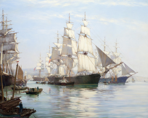 art-and-things-of-beauty:



Montague Dawson [1895-1973] - American sailing ships in a Chinese harbor, oil on canvas, 101,6 x 127 cm.
