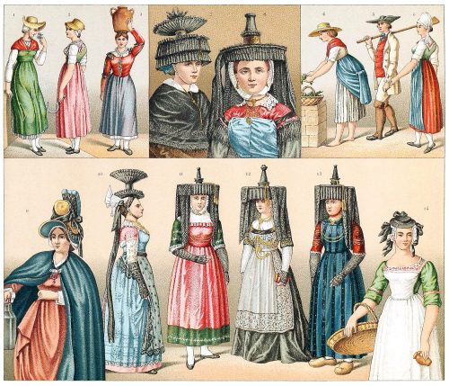 France, 19th century — traditional costumes from Nivernais, Dauphiné, former county of Nice, Mâconnais, Bresse and Bourbonnais.

Auguste Racinet, from Le costume historique (The costume history) vol. 6, Paris, 1888.

(Source: archive.org)