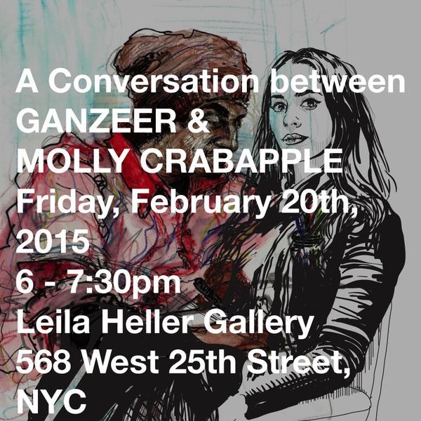 NYC: on Friday, me and @Ganzeer talk about art and everything else, over at Leila Heller Gallery. Come see his show before it closesflyer by Ganzeer, with his drawing of me, and my drawing of him