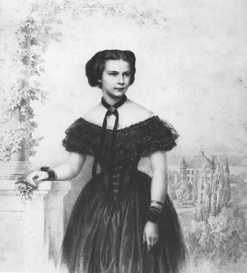 Elisabeth of Austria in front of her Family House the castle of Possenhofen.
(1854).