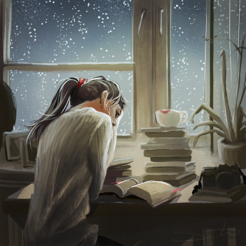 Estudio con lluvia (ilustración de Samantha Dodge)
