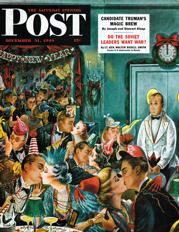 Midnight and Nobody to Kiss, art by Constantin Alajalov.  Saturday Evening Post cover December 31, 1949.