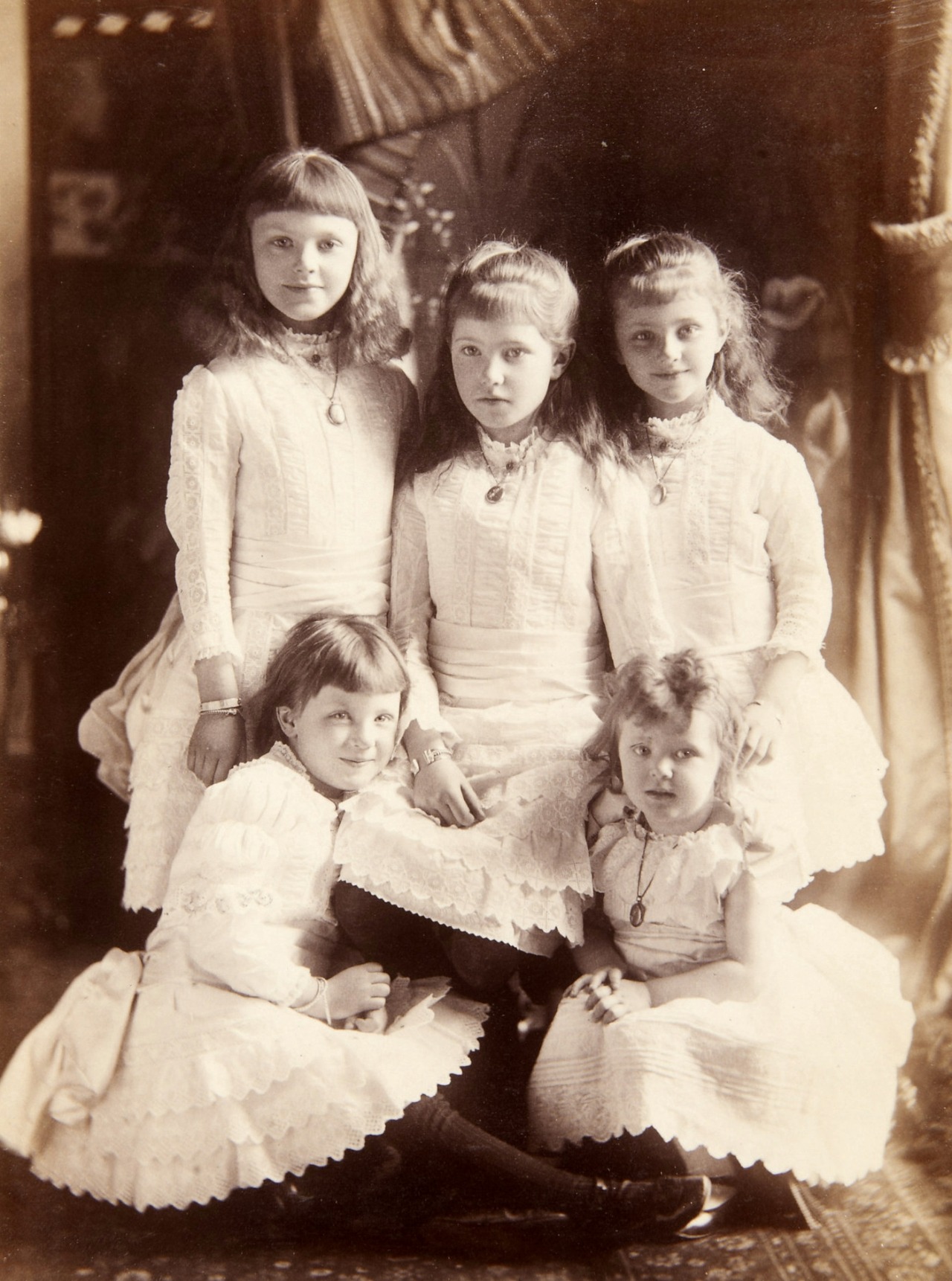 antique-royals:

Adela, Eva, Katherine, Marion and Margaret: Daughters of the Honourable Walter and Lady Mary Trefusis

