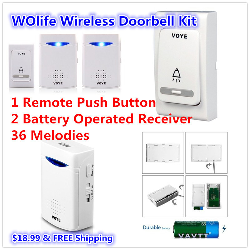 WOlife Wireless Doorbell Kit#Wireless #Doorbell WOlife Wireless Doorbell Door Chime Kit with 1 Remote Push Button + 2 Battery Operated Receiver, 36 MelodiesPrice: $18.99 &amp; FREE ShippingHere: http://goo.gl/lm1ssm Remote control range up to 100 meters in open air, suitable for homes and high floor houses.
     
       Build in double speakers, make 
sound clear, especially suitable for homes, offices, factories, hotels, 
etc Door Bell powered by 2 AA batteries (not included)
     
       38 Melodies for selection, you can select your favorite.
     
       LED Flash light indicator when visitor pressing the remote button. it is very convenience.
     
       Double side stickers on the back of
 the remote control button and installation holes back of the doorbell, 
very easy to install.Product DescriptionProduct Features:  *38 Songs Wireless Musical Doorbells w/ Remote Control.  *Press the button on the side of the door bell to change songs.  *38 songs for choosing, when the doorbell rings the indicator flashes as well. *Press the remote control button to trigger the wireless receiver doorbell to chime.  *No obstruction wireless working distance up to 100 meters and up to 20 meters while obstructions exist. Specification:  *Device Type: Wireless Doorbell w/Remote Control  *Doorbell Powered by: 2 x AA batteries(NOT include)  *Remote Control Powered by: 12V/23A Battery(include) How to use:  1. Gently press the small gap at the underside of Doorbell transmitter with a flat screwdriver 2. Open the battery cover of Doorbell transmitter, insert 1 pc &ldquo;12V 23 
A&rdquo; battery (included) and assemble back the battery cover  3. Stick the remote control on the door station with a double - sided tape  4. Insert 2 pcs, &ldquo;AA&rdquo; size battery (not included) into Doorbell Receiver Package Includes: 1 * Remote Control Button.  2 * Wireless Musical Doorbell.


