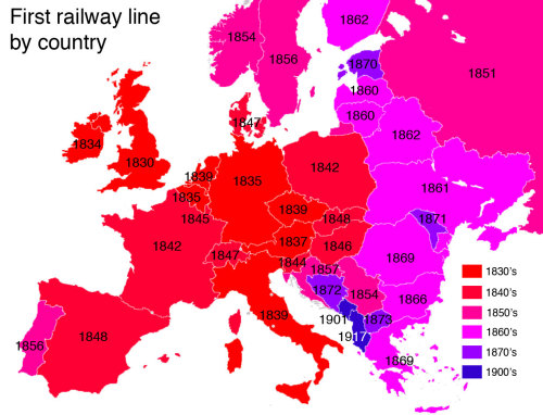 Dates of building of the first railways in European countries.