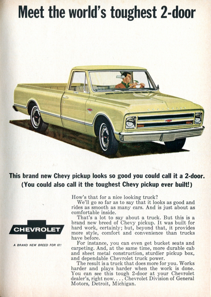 chromjuwelen:

1967 Chevrolet Pickup Truck Advertisement Readers Digest March 1967 (by SenseiAlan)