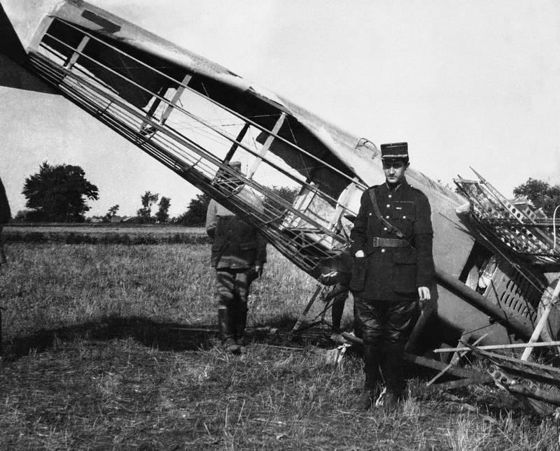 Georges Guynemer in front of his shot-down plane in Piennes, France, Sept. 24, 1916. 