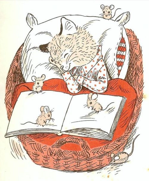 Hasta los gatos comparten cuentos con los ratones!!! (ilustración de Richard Scarry)