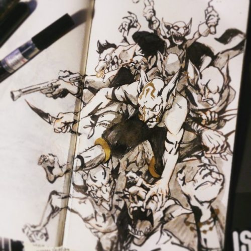 Day 3 #inktober x #drawlloween - &ldquo;Goblin&rdquo;
The horde is coming. Hide yo kids hide yo wives. Finally bought a thinner brushpen for those small deats.

#doodle #ink #brushpen #blackandwhiteandgold #goblin #mob