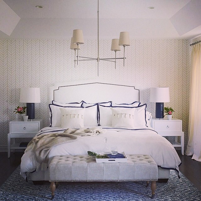 mrandmrs2015:

This beautiful navy and neutral bedroom by Sabrina Albanese Design showcases our Navy Border Frame Duvet, Navy Gobi Sheet Set, bone Feather Wallpaper, Navy Darby Lamps, Alta Bed with Nailheads, Rattan Tray and Linen Tassel Throw Pillows. #design #pattern #homedécor #regram via @sabrinaalbanesedesign by serenaandlily
