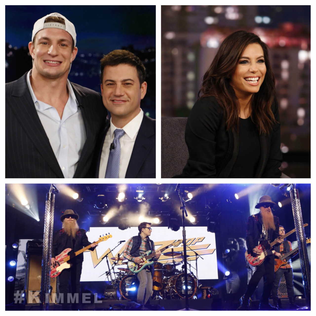 Tonight on Kimmel Rob Gronkowski from the Super Bowl Champion New England Patriots, Eva Longoria, our Mash-Up Mondays begin with Weezer & ZZ Top in Wee-Z Top and a brand new Mean Tweets!
