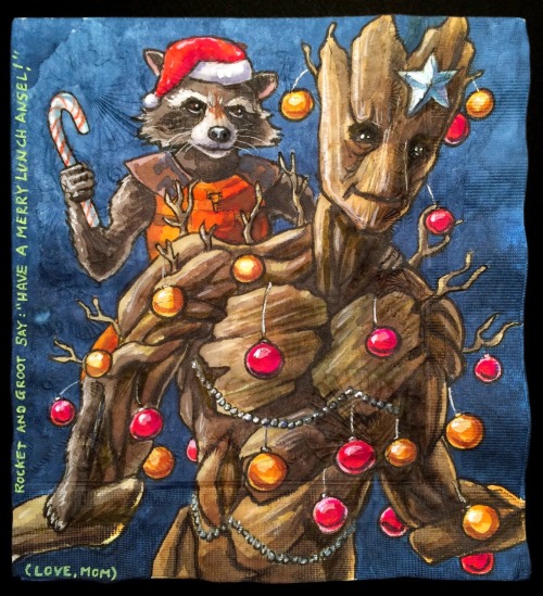 Rocket &amp; Groot decorate for Christmas, but don’t seem very happy about replacing the weapon with a candy cane.