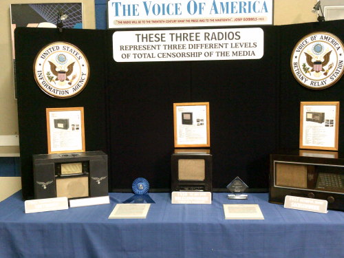DISPLAY AT THE MUSEUM WINS NATIONAL AWARDA display of World War II German radio receivers created by Bob Sands of the Gray History of Wireless Museum won “Best of Show” and “Best Historical Display” at the Antique Radio Club of Illinois Radiofest 2013.  The display features three receivers personally owned by Bob.The first is the Volksemphanger VE301 Dyn receiver, a three-tube medium- and long-wave receiver that was subsidized by the third reich so that the common family could afford a radio receiver.  Of course, they heard only Hitler’s propaganda.  Fifteen million of these were produced over a twelve year period.The second is the four-tube Olympia Sachenwerk 384W in a fine wood cabinet, once again only capable of medium- and long-wave reception. This was considered a piece of furniture by those who could afford a decorative receiver.The third receiver is the Siemens K32GVB which was issued to officers of the Luftwaffe to build troop moral.  This radio was capable of both battery and AC power operation.  In addition to long- and medium-wave this radio was also capable of short-wave reception.  This radio was more sensitive than the others as officers could be stationed in remote places. However, officers were permitted to listen to only approved stations.These three receivers demonstrate how German citizens were allowed to listen to only radio programming originating in Germany.  The Voice of America was created in 1942 to counteract Hitler’s propaganda with the truth. The display can be viewed in the Gray History of Wireless area during open house days, the third Saturday of each month.