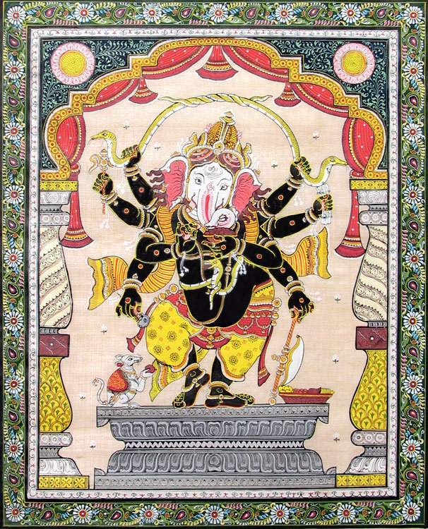 hinducosmos:  Eight Handed Black Ganesha  Orissa Paata Painting on Tussar Silk (via Dolls of India)