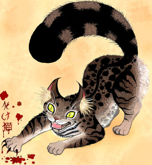 A Bakeneko is said to be a supernatural cat from Japanese folklore. It is said that they begin life as a regular house cat but once they get older, often around 12 or 13, they begin to develop supernatural powers. Bakeneko are said to then begin to walk on their hind legs like that of a human being. They are also said to speak and understand human language and some are even capable of shape shifting into human form. Some bakeneko are believed to be evil and devour their human masters to take their place. Folklore also says that sometimes their tails can contain magic which can ignite any flammable material that their tail touches and that some bakeneko are even capable of raising zombies. Some superstitious Japanese people were paranoid about bakeneko and would abandon their cats once they get old enough to develop their supernatural powers.