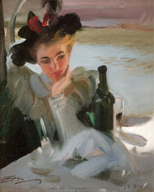 poboh:

Dam vid Café, Isle de Seguin / Women in the cafe, Isle de Seguin, 1894, Anders Zorn. Swedish (1860 - 1920)  
- Cloth pasted on Cardboard Boiler -