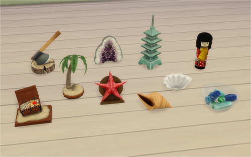 BV Souvenirs &amp; Collectables
Converted from TS2 Bon Voyage.
Pirate Chest Momento - decorations/sculptures
Palm Tree Momento - decorations/sculptures
Starfish - decorations/sculptures
Conch - decorations/sculptures
Clam - decorations/sculptures
Coloured Glass - decorations/sculptures
Bury the Hatchet - decorations/sculptures
Mountain Geode - decorations/sculptures
Pagoda Souvenir - decorations/sculptures
Doll by Oh The Memories - decorations/sculptures
DOWNLOAD