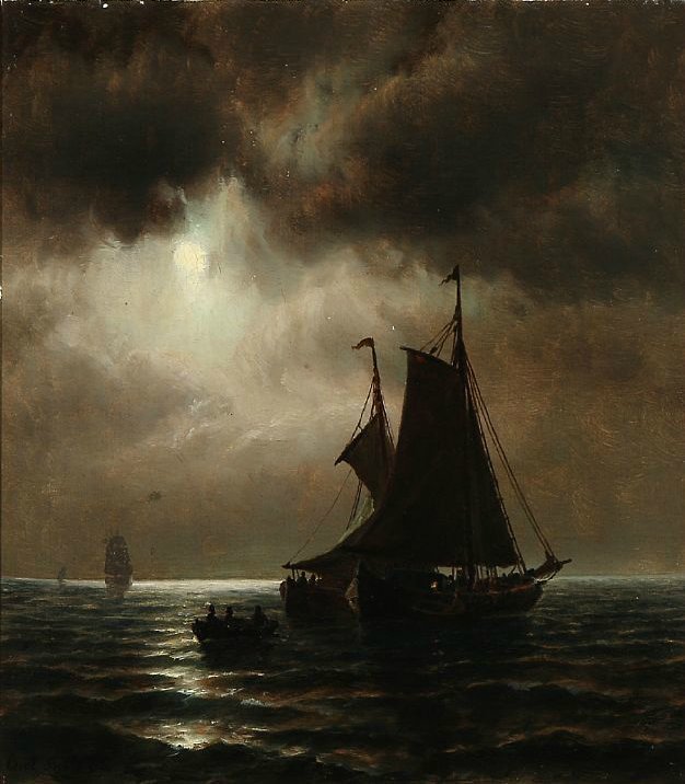 poboh:Sailing ships in moonlight, 1883, Carl Bille. Danish (1815 - 1898)