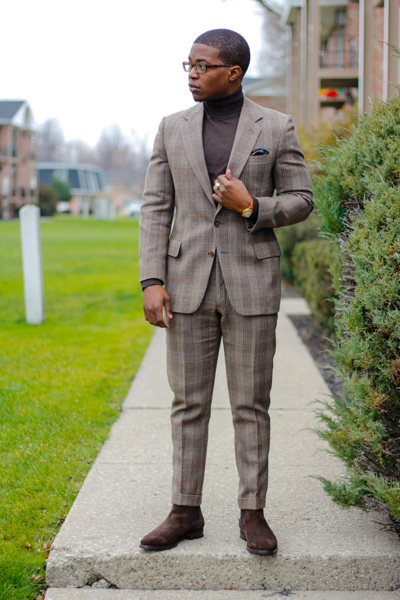 Vintage Plaid Suit and Chocolate Chelsea Boots by Jack Erwin