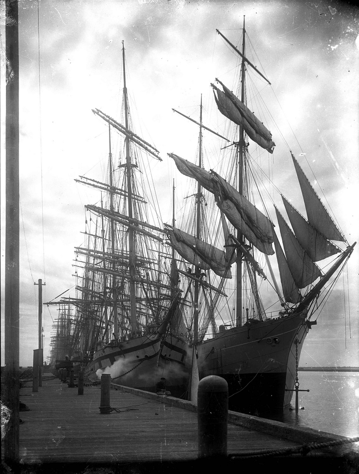 lazyjacks:

Square rigged sailing ships, including Inverness, moored at a wharf, circa 1900Australian National Maritime Museum, William Hall collectionObject number ANMS1092[233]