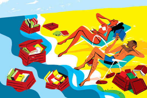 Montones de libros para leer en verano, como islas para descubrir (ilustración de Joao Fazenda)