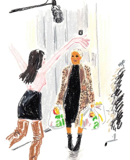 Daily #nyfw #snapsketch for @tmagazine : @kimkardashian delivers junk food to an overjoyed model at @milk Studios Penthouse early this afternoon. (at Milk Penthhouse)