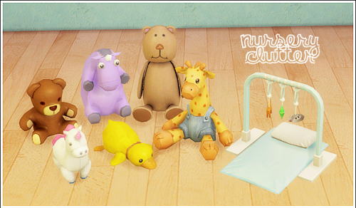 Nursery clutter - 7 conversionsSome deco to clutter up your kiddies room ♥Danglemaster - Mesh from Ts2 (3 colors by An-na) - DECO ONLYTable unicorn - Mesh from Ts3Teddy - Ts3 mesh by Pyzsny16, Ts2 conversion by m0xxaSmall teddy - Ts3 mesh by Pyzsny16, Ts2 conversion by m0xxaGiraffe plushie - Ts3 mesh, Ts2 conversion by Zx-taUnicorn plushie - Ts3 mesh, Ts2 conversion by Zx-taDuck plushie - Ts3 mesh, Ts2 conversion by Zx-taEverything can be found in the kids room/ deco category.Credit: Pyzsny16, m0xxa (simblr), zx-ta (simblr) An-na.DOWNLOAD (dropbox) separate &amp; merged files