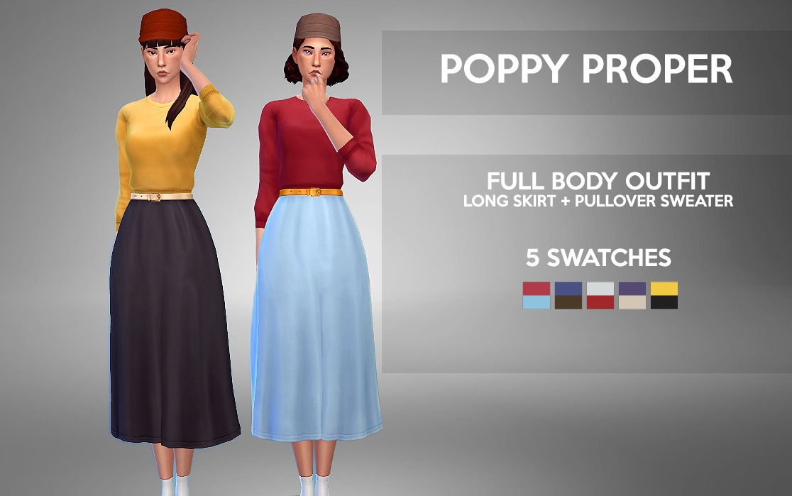 POPPY PROPER - FULL BODY OUTFITLoved this skirt from Get Together, hated the top more than anything. So, I replaced the boring long sleeve with a cozy pullover sweater mesh I’ve had sitting on my desktop for 8,927 years. This is a full body outfit, and you’ll need Get Together for it to show up. The skirt comes in the 5 original colors, and the tops are textures from the Spa Day sweaterDOWNLOAD 