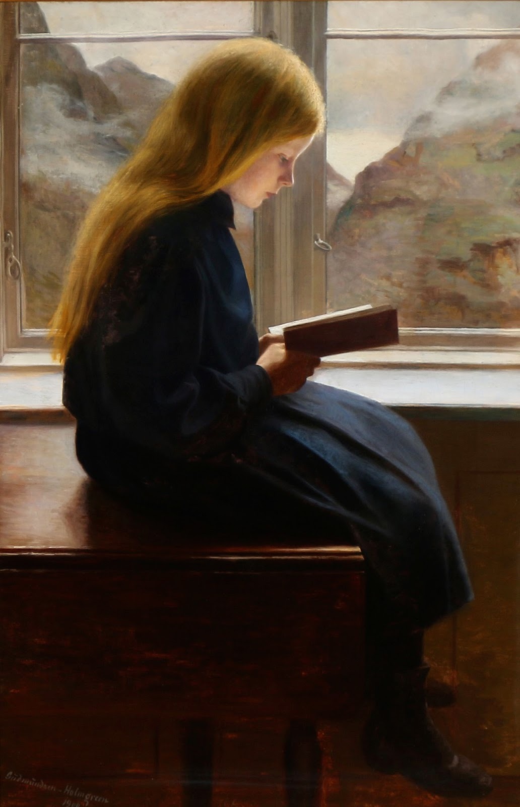 loumargi:

Læsende lille pige - A little girl reading, 1900, Johan Gudmundsen-Holmgreen. Danish (1858 - 1912)

