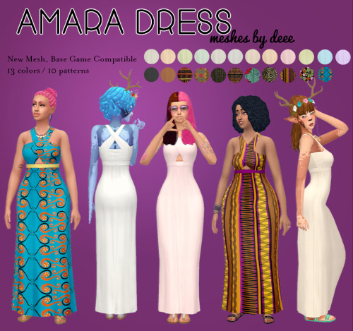 DOWNLOAD: SOLIDS | SOLIDS &amp; PRINTS(Download one or the other or you’ll have a duplicate not game breaking but kind of annoying and unnecessary)There was a really sweet request for more African Print clothing and that inspired me to make this dress. I couldn’t find many patterns that were high resolution enough but, I hope I found some good ones for you and that you like the dress. It’s also in some colors from @javabeandreams​ natural stone palette because I thought it would be perfect for History Challenges and a few of @vicky5ims​ pastels just because I wanted them. Feel free to recolor just DO NOT INCLUDE MY MESH and I’d love to see it! I track #deetron and #deeetron because too many e’s. And check out @simlaughlove​‘s swimsuit/shorter dress version of this top so now I don’t have to do it.