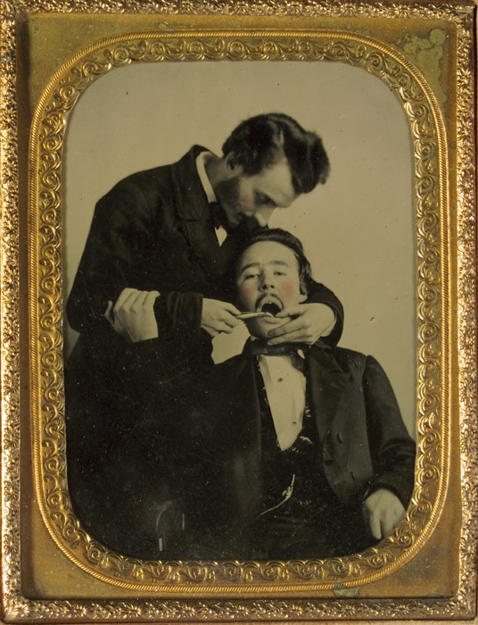 Portrait of a dentist and patientUnidentified, American

ca. 1855tintype10.5 x 8 cm., &frac14; plate