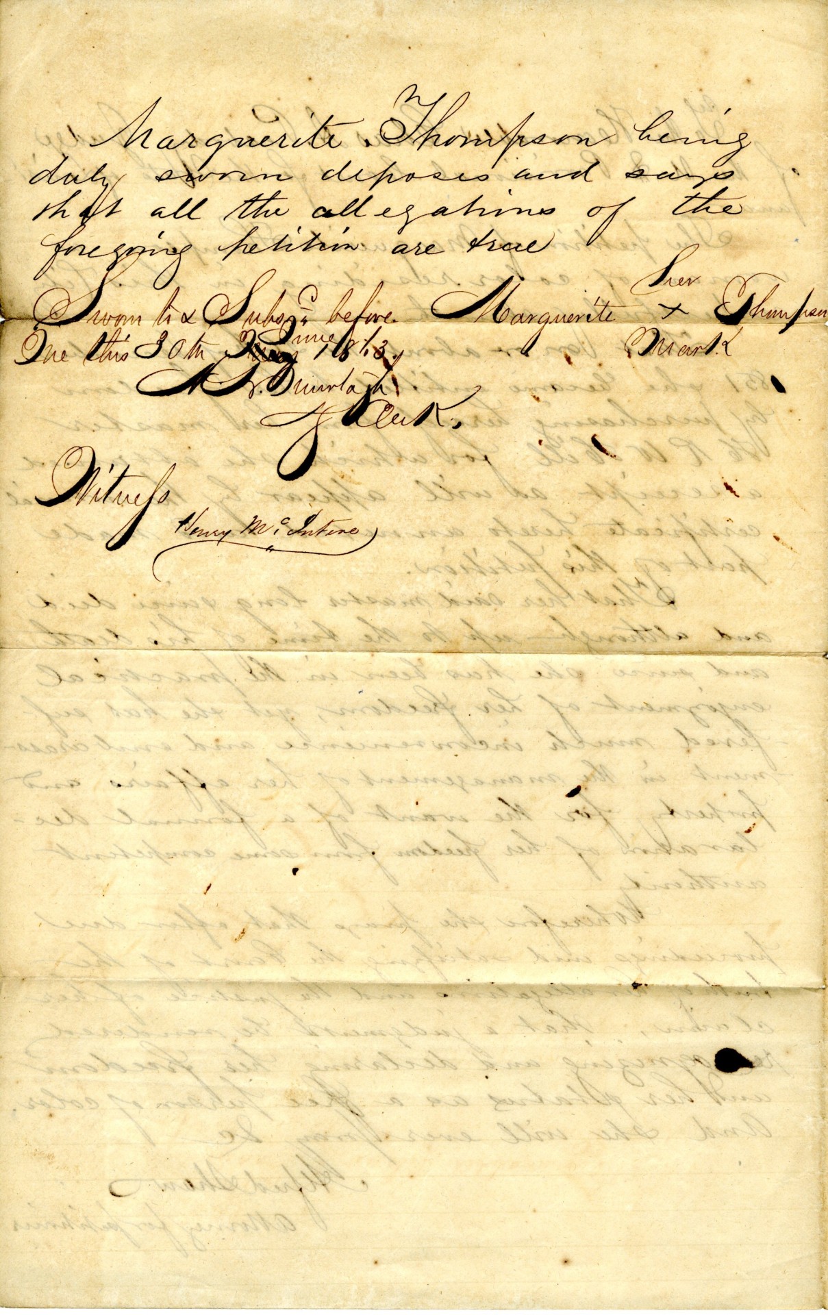 Petition Filed by Marguerite Thompson Praying for Her Emancipation, 6/30/1863From the series:  Case Files, 1863 - 1865. Records of District Courts of the United States, 1685 - 2009This petition was filed by Marguerite Thompson, a “woman of color,” to secure her emancipation in 1863.  In 1851 she purchased her freedom from her master and received a receipt for the transaction.  She enjoyed her freedom, but still didn’t have full control of her affairs and property because she did not have an official degree from an authority.  On the final page of the document, the court declares her “henceforth and forever free.“You can make this document more searchable and accessible by helping to transcribe it in the National Archives Catalog.