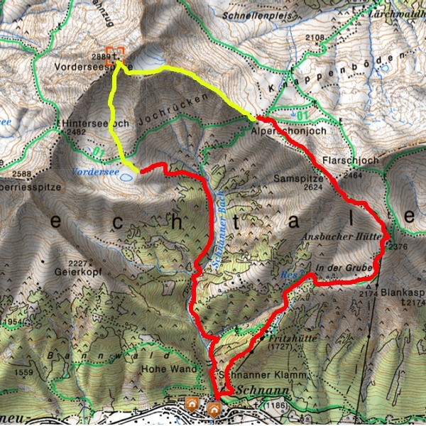 Unser Weg. Die gelbe Markierung ist wegloses Gebiet und nur für erfahrene Bergsteiger geeignet.